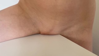 Rubbing pussy against the table corner, pussy juice juice made it slimy. Humping corner orgasm